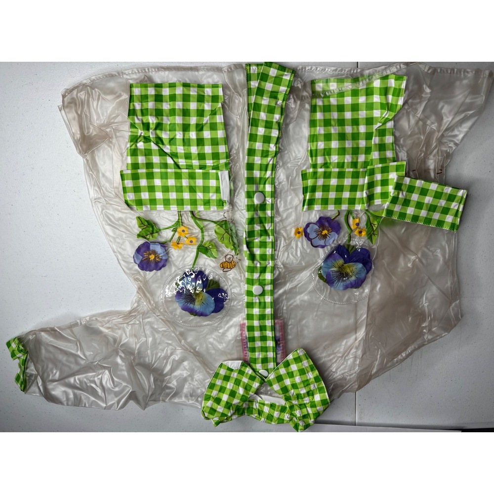 Jonathan Stone Girls Clear Vinyl Raincoat Green Gingham Pansy Floral Print‎